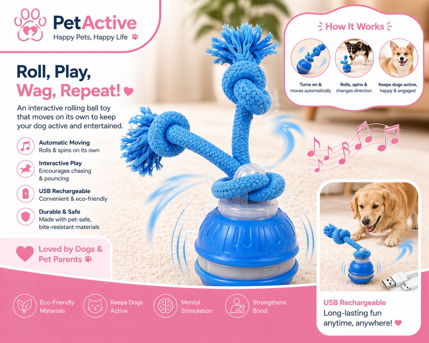 PetActive Smart Rolling Dog Toy - Interactive USB Rechargeable Motion Ball