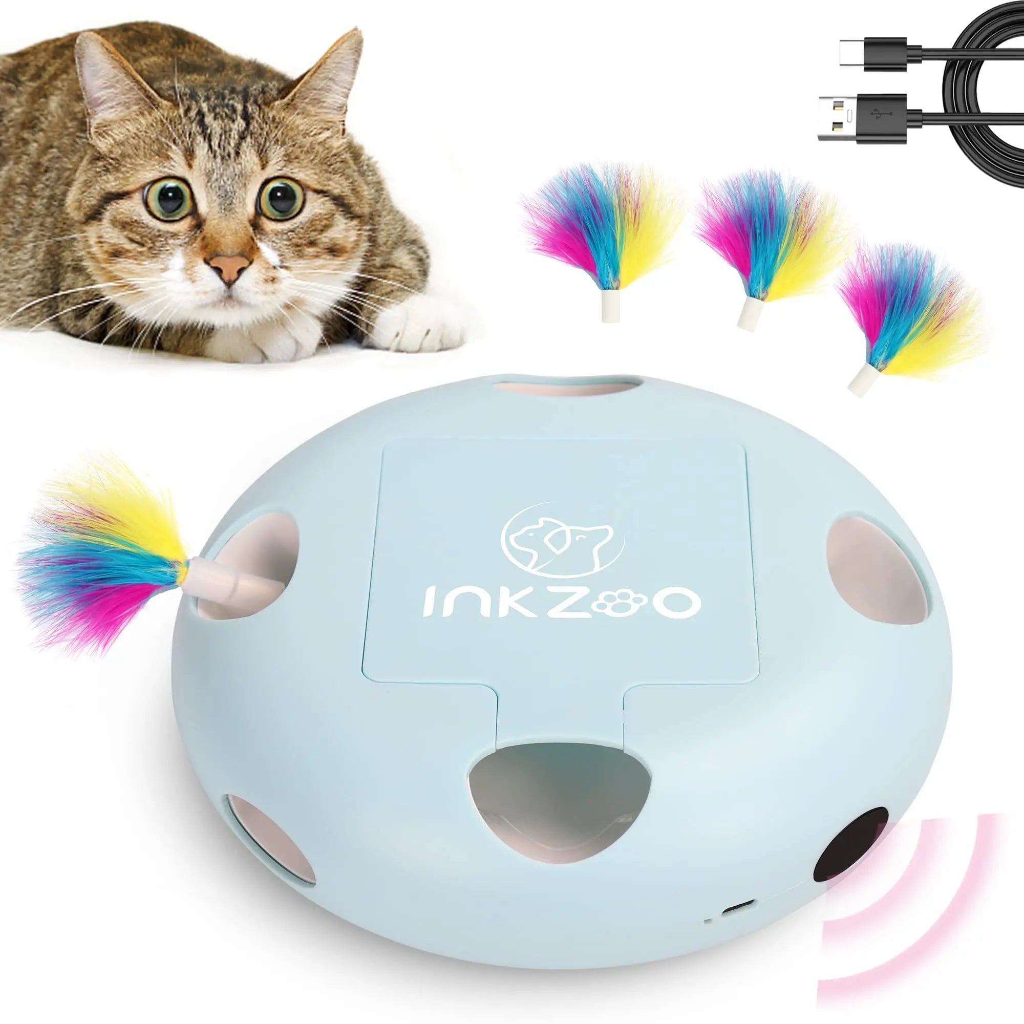 Cat Toys, 7-Hole Smart Sensor Pop-Up Feather Toys, USB Powered Indoor Cat Automatic Kitten Toys,Blue ﻿
