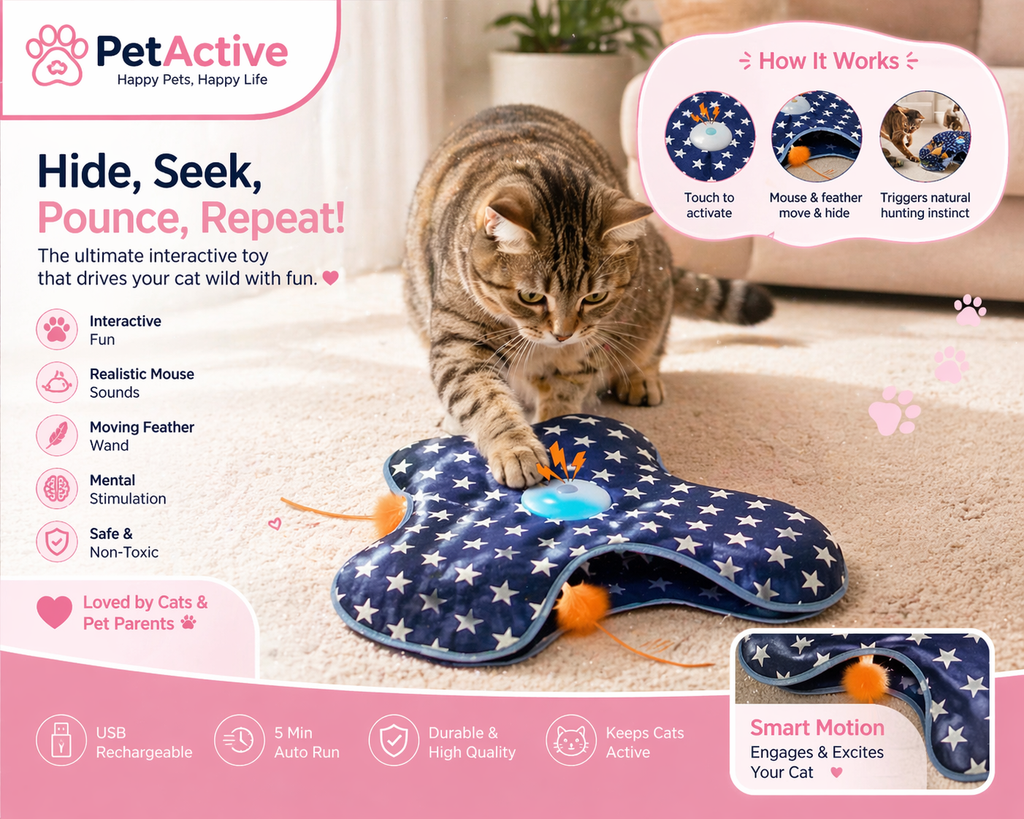 PetActive Smart Hide & Seek Toy - Interactive Motion Play Mat with Feathers & Sound