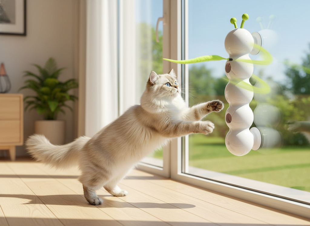 cat playing with a hanging toy near the window 